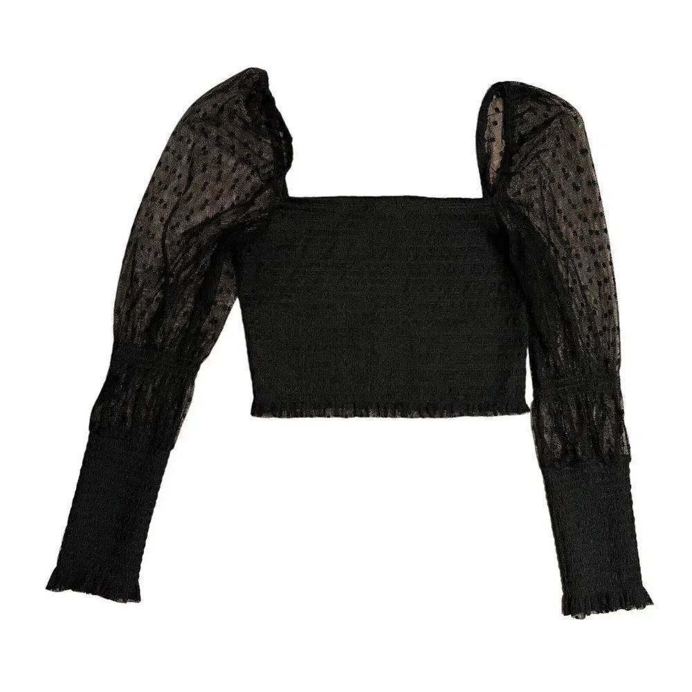 NEW Free People Top Large Black Crop Long Sleeve Polka Dot Mesh Romantic Square‎